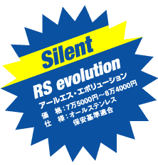 Silent RS evolutionアールエス・エボリューション 価　格：7万5000円〜8万4000円 仕　様：オールステンレス 保安基準適合