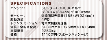 SPECFICATIONS
GWF5b^[DOHC32ou(290kW[394ps]/6400rpm)
[^[F𗬓d@(165kW[224ps])
쓮F4WD
gX~bVFdCiϑ@
S~S~SF5030mm~1875mm~1475mm
ԗdʁF2250kg
iF1110~(X|[cpbP[W)