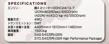 SPECFICATIONS
GWF4 2b^[DOHC24ou
(206kW[280ps]/6500rpm)
(422Nm[43.0 kgm]/3500rpm)
쓮F4WD
gX~bVF5MT
S~S~SF4495mm~1810mm~1480mm
ԗdʁF1520kg
iF349.545~ (GSR)
370.545~ (GSR High Performance Package)